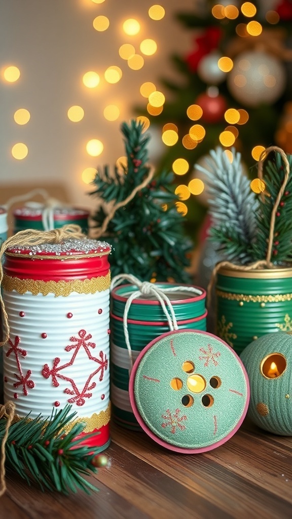 Decorative tin cans painted for Christmas, featuring twine and glitter, arranged on a table with fairy lights.
